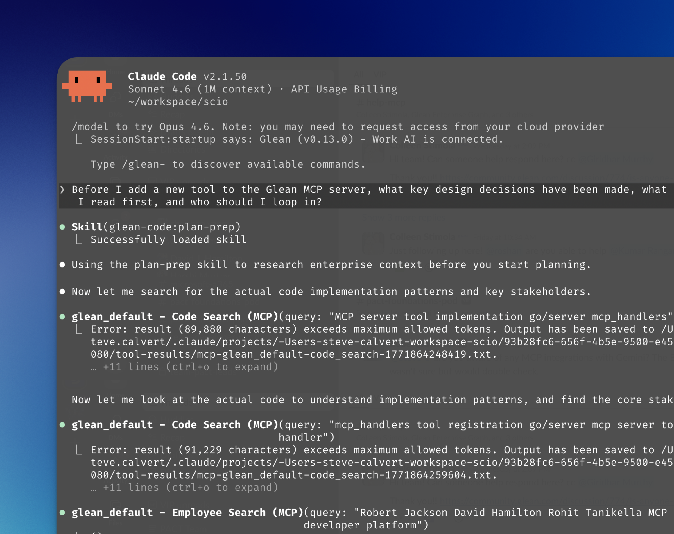 Claude Code terminal showing Glean MCP tool calls with enterprise results