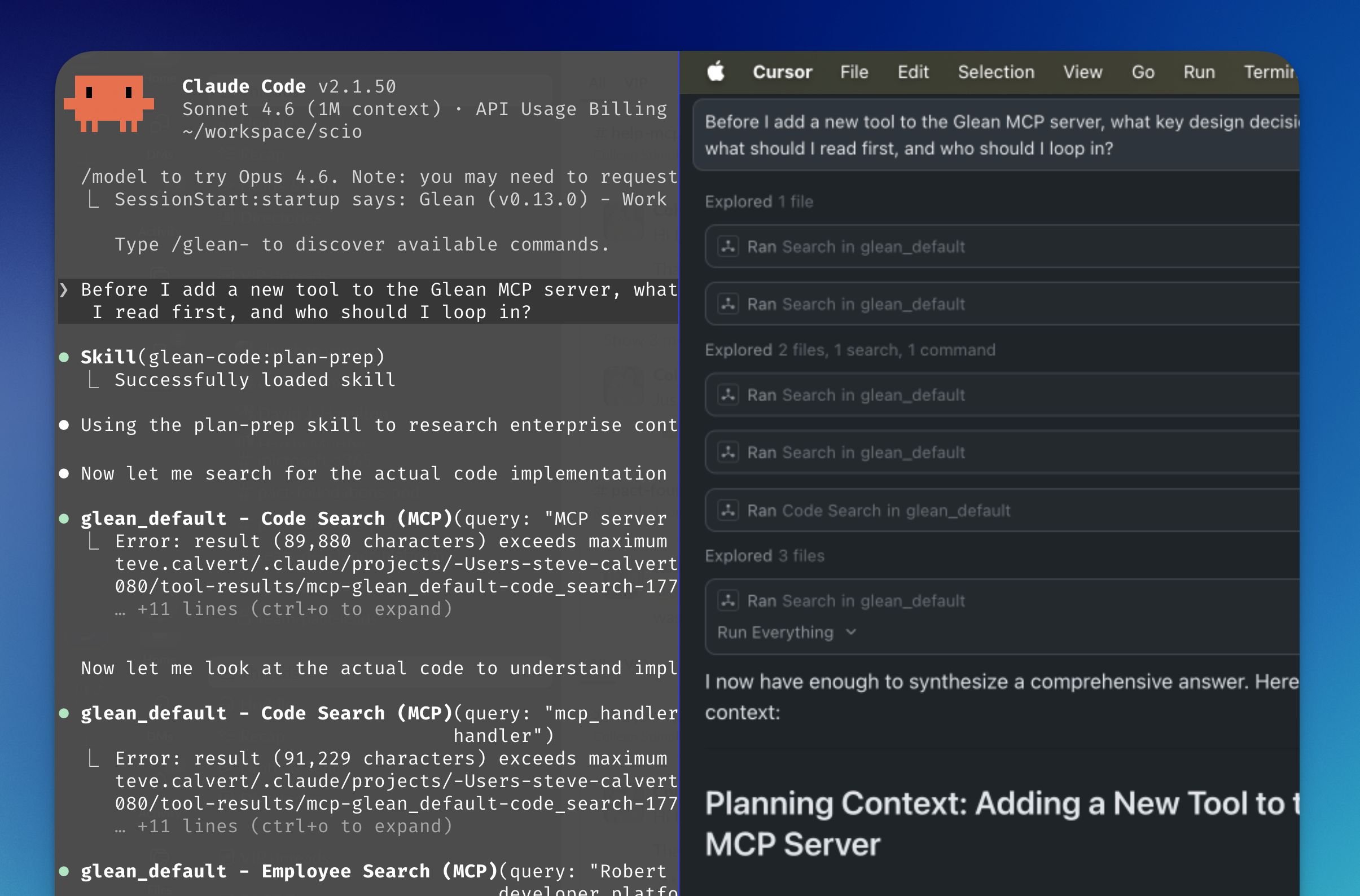 Split-screen showing Claude Code with glean-core plugin and Cursor with Glean MCP